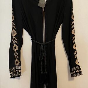 Black Embroidered Long Sleeve abaya with Rope Belt
